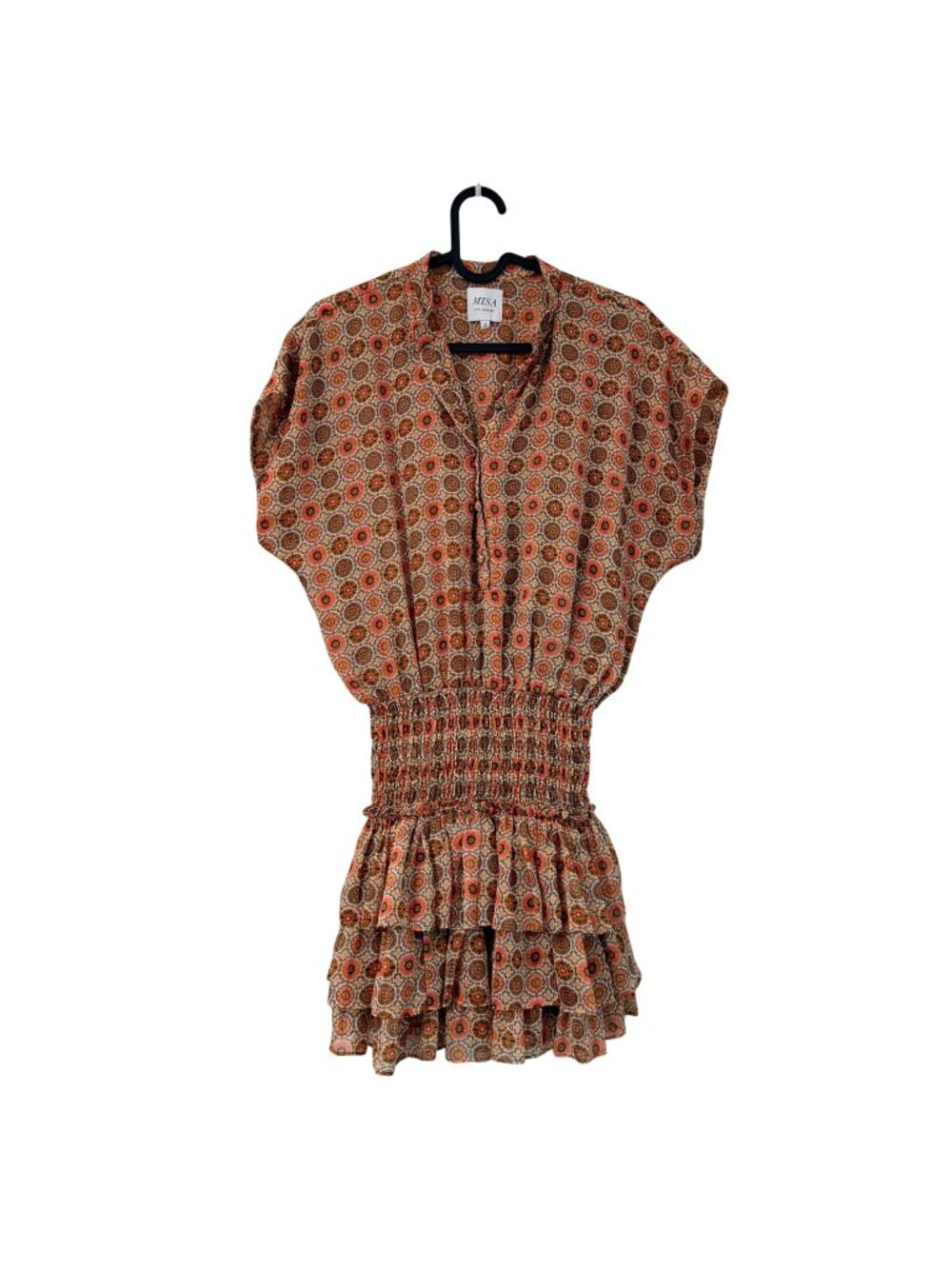 MISA Los Angeles Floral Medallion Chiffon Smocked Waist Ruffle Mini Skirt Small